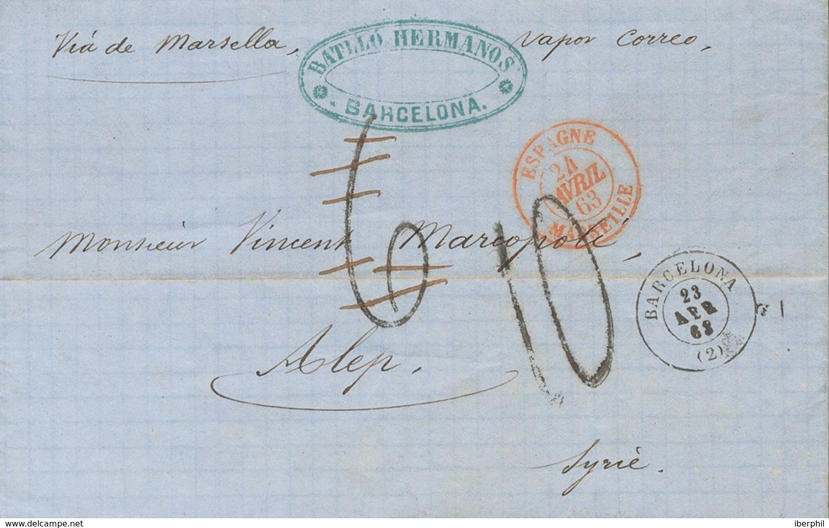 Syria. COVER. 1863. BARCELONA To ALEPO (SYRIA), Addressed Without Stamps Via Marseille. Entry Postmark ESPAGNE / MARSEIL - Siria
