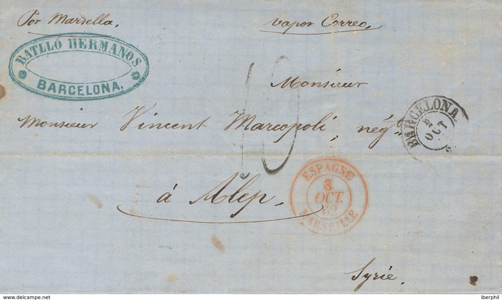 Syria. COVER. 1862. BARCELONA To ALEPO (SYRIA), Addressed Without Stamps Via Marseille. Entry Postmark ESPAGNE / MARSEIL - Siria