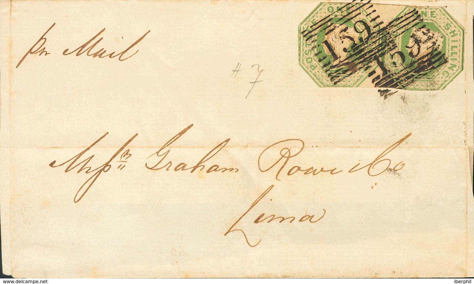 Great Britain. COVERYv 7(2). 1851. 1 S Green, Pair (cut Edges). GLASGOW To LIMA (PERU). Numeral Postmark "159" And On Th - ...-1840 Vorläufer