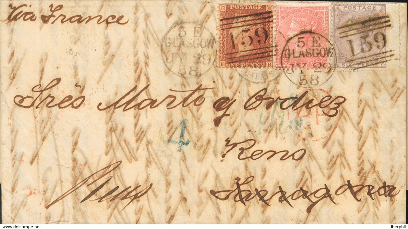 Great Britain. COVERYv 14, 18, 19. 1858. 1 P Red, 4 P Pink And 6 P Purple. GLASGOW To TARRAGONA (SPAIN), And Readdressed - ...-1840 Vorläufer