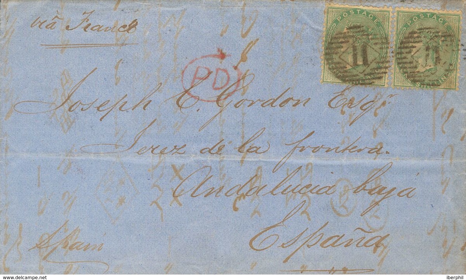 Great Britain. COVER20(2). 1861. 1 Green Shilling, Two Stamps. LONDON To JEREZ DE LA FRONTERA. Postmark Numeral "11". VE - ...-1840 Préphilatélie