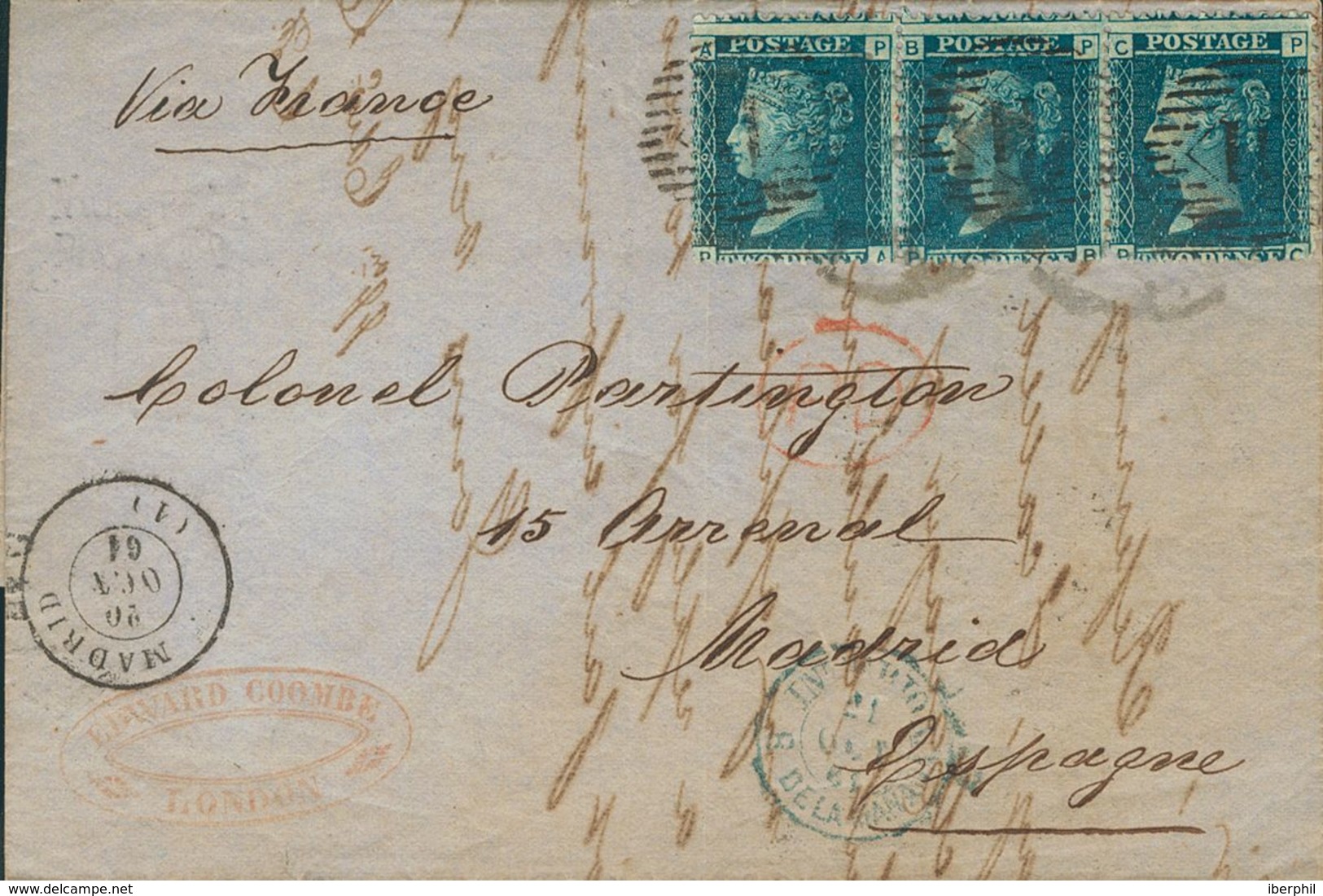 Great Britain. COVERYv 27(3). 1861. 2 P Blue Plate 9, Three Stamps. LONDON To MADRID. On The Front Unusual Postmark INDO - ...-1840 Préphilatélie