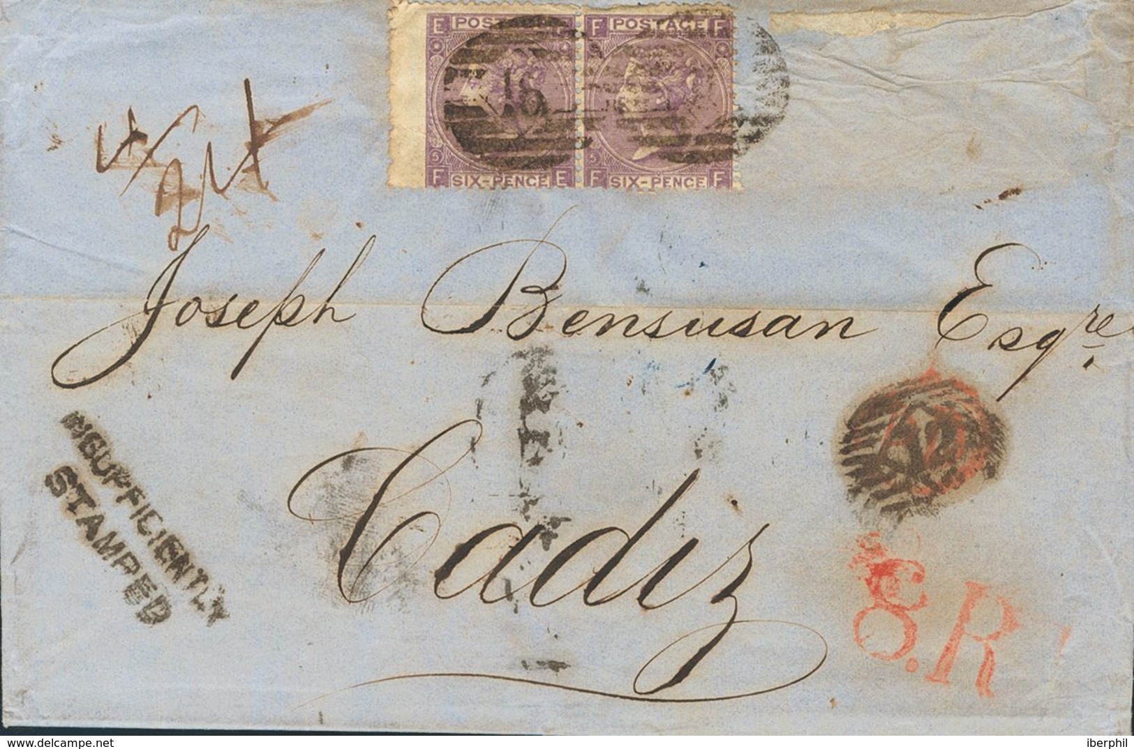 Great Britain. COVER29. 1867. 6 P Violet, Two Stamps (Plate 5). LONDON To CADIZ. On The Front Marks INSUFFICIENTLY / STA - ...-1840 Préphilatélie