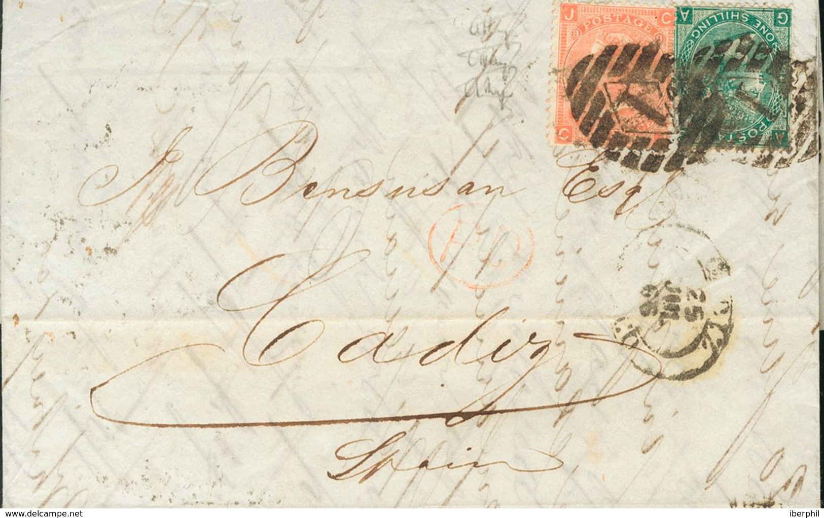 Great Britain. COVERYv 31, 32. 1865. 1 Sh Dark Green And 4 P Red Plate 8. LONDON To CADIZ. Grid Numeral Cancel 1 And On  - ...-1840 Préphilatélie