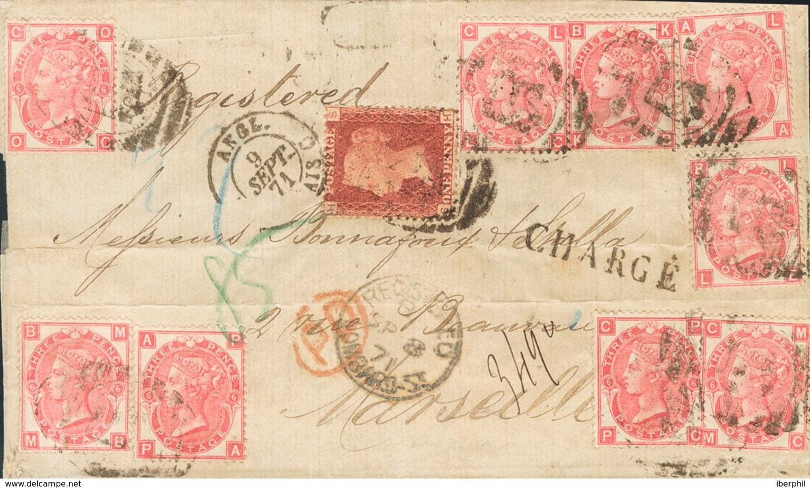 Great Britain. COVERYv 33(9), 26. 1871. 3 P Pink Plate 6, Nine Stamps And 1 P Carmine. Registered Cover LONDON To MARSEI - ...-1840 Prephilately