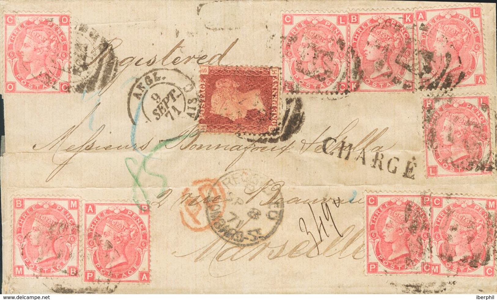 Great Britain. COVERYv 33(9), 26. 1871. 3 P Pink Plate 6, Nine Stamps And 1 P Carmine. Registered Cover LONDON To MARSEI - ...-1840 Préphilatélie