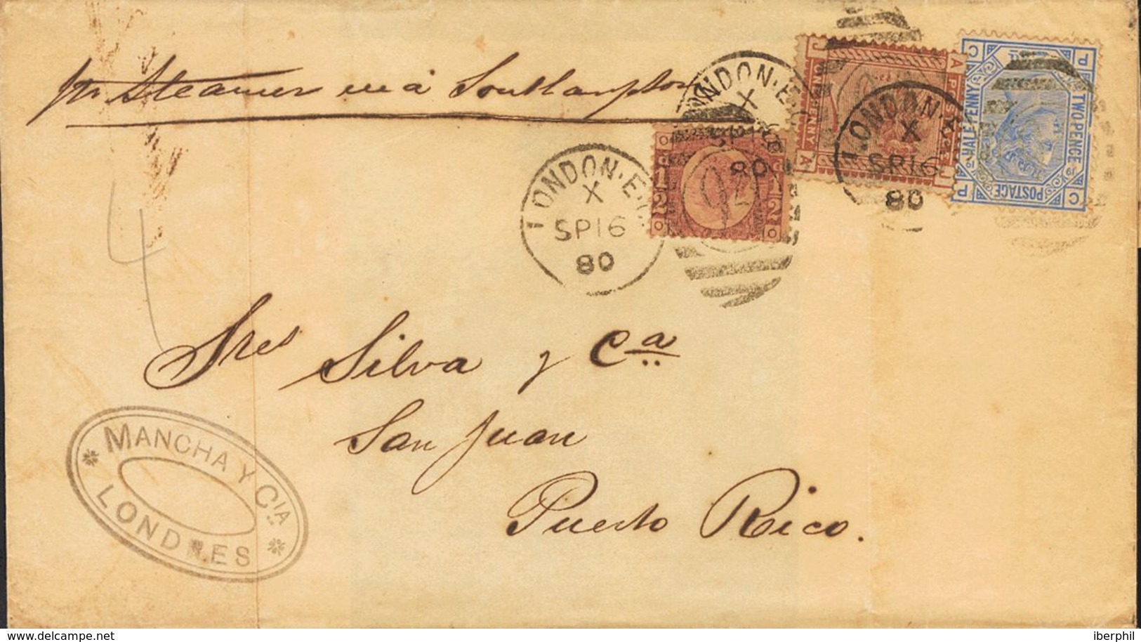 Great Britain. COVERYv 68, 49, 57. 1880. 1 P Red Chestnut, ½ P Red Carmine And 2 ½ P Blue. LONDON To SAN JUAN (PUERTO RI - ...-1840 Prephilately