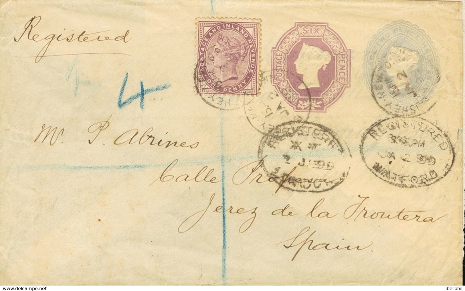 Great Britain, Postal Stationery. COVERYv 73. 1899. 2 ½ P Gray Blue + 6 P Violet On Registered Postal Stationery From WA - ...-1840 Préphilatélie