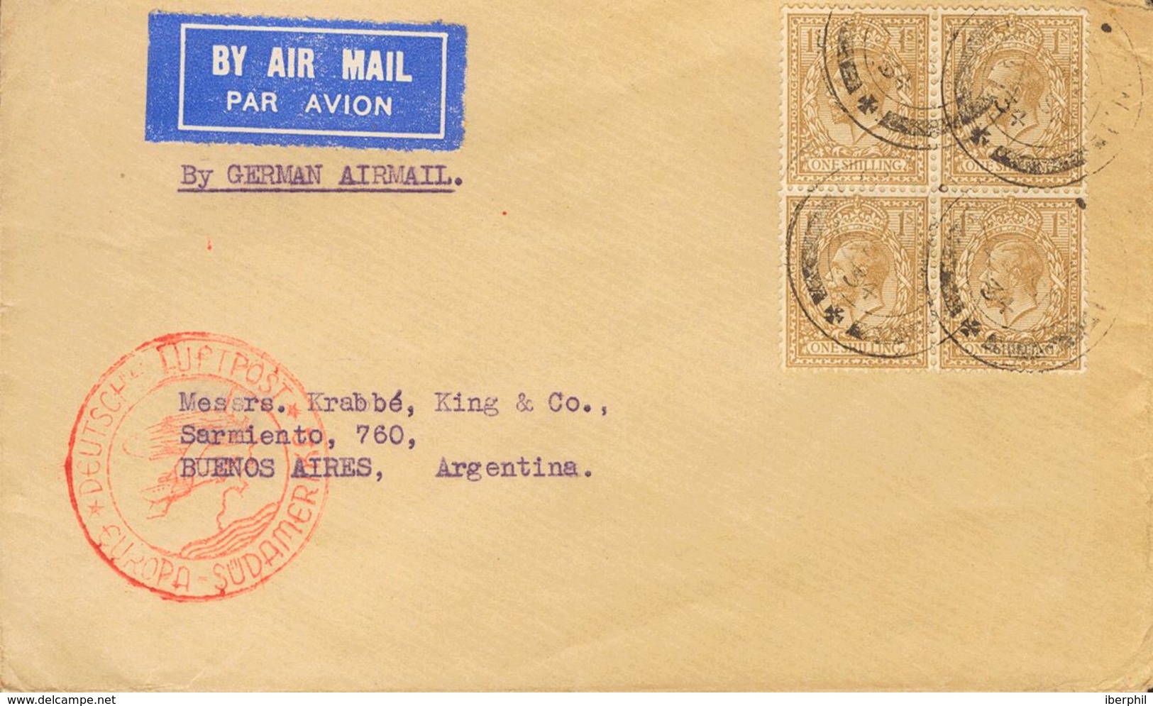 Great Britain. COVERYv 152(4). 1934. 1 S Bistre, Block Of Four. Airmail From LONDON To BUENOS AIRES (ARGENTINA), Circula - ...-1840 Préphilatélie