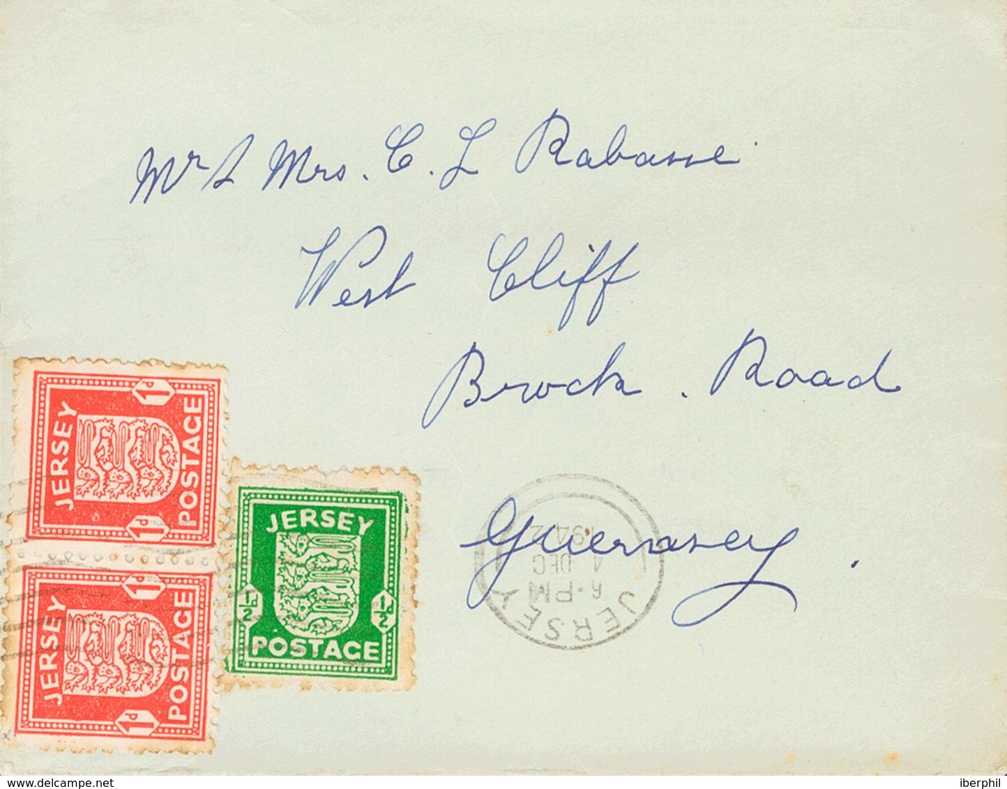 Jersey, German Occupation. COVERYv 1, 2(2). 1942. ½ P Green And 1 P Red, Two Stamps (slightly Toned). JERSEY To WESTCLIF - Otros & Sin Clasificación