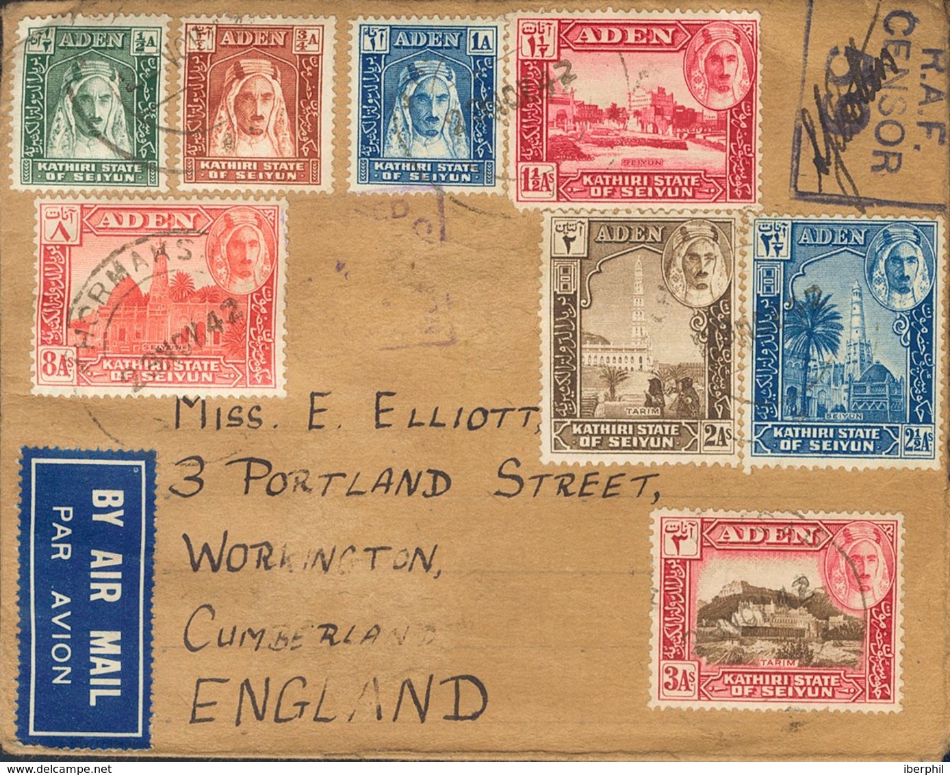 Aden-Kathiri. COVERYv 1/7. 1942. Different Values. KHORMAKSER To CUMBERLAND (ENGLAND). On The Front Censorship Mark Of T - Other & Unclassified