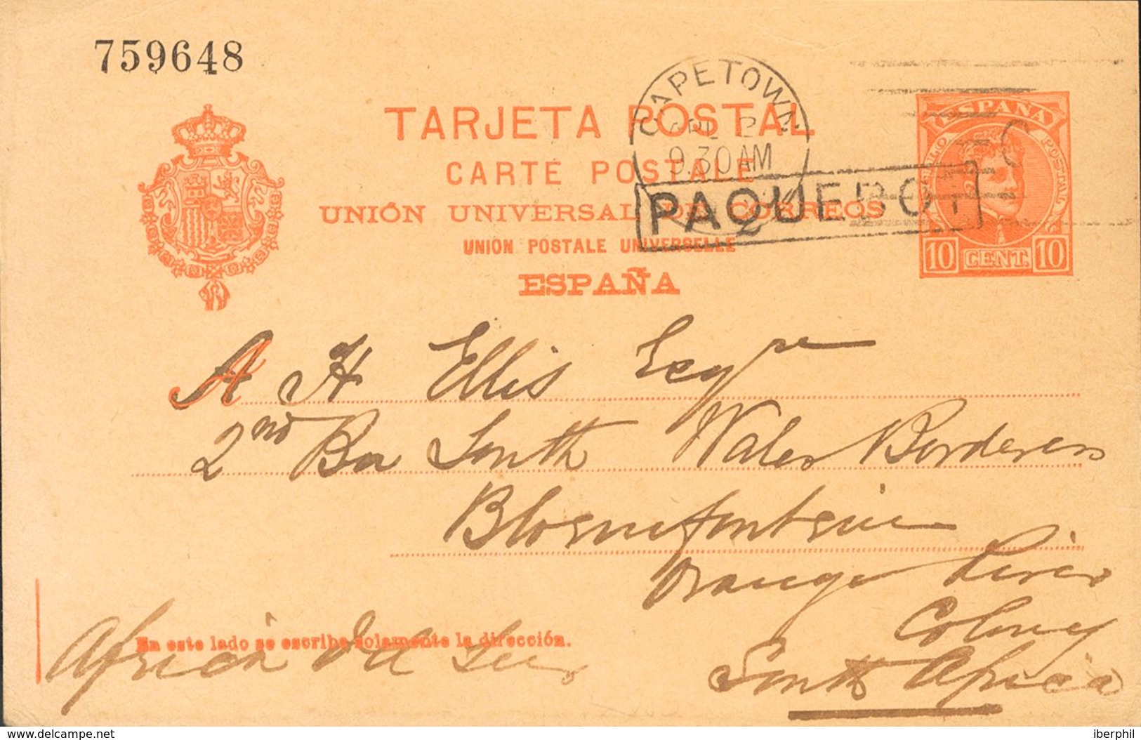 . COVEREP42. 1903. 10 Cts Orange On Postal Stationery Card From LAS PALMAS DE GRAN CANARIA To BLOEMFONTEIN (COLONIA DEL  - Sonstige & Ohne Zuordnung