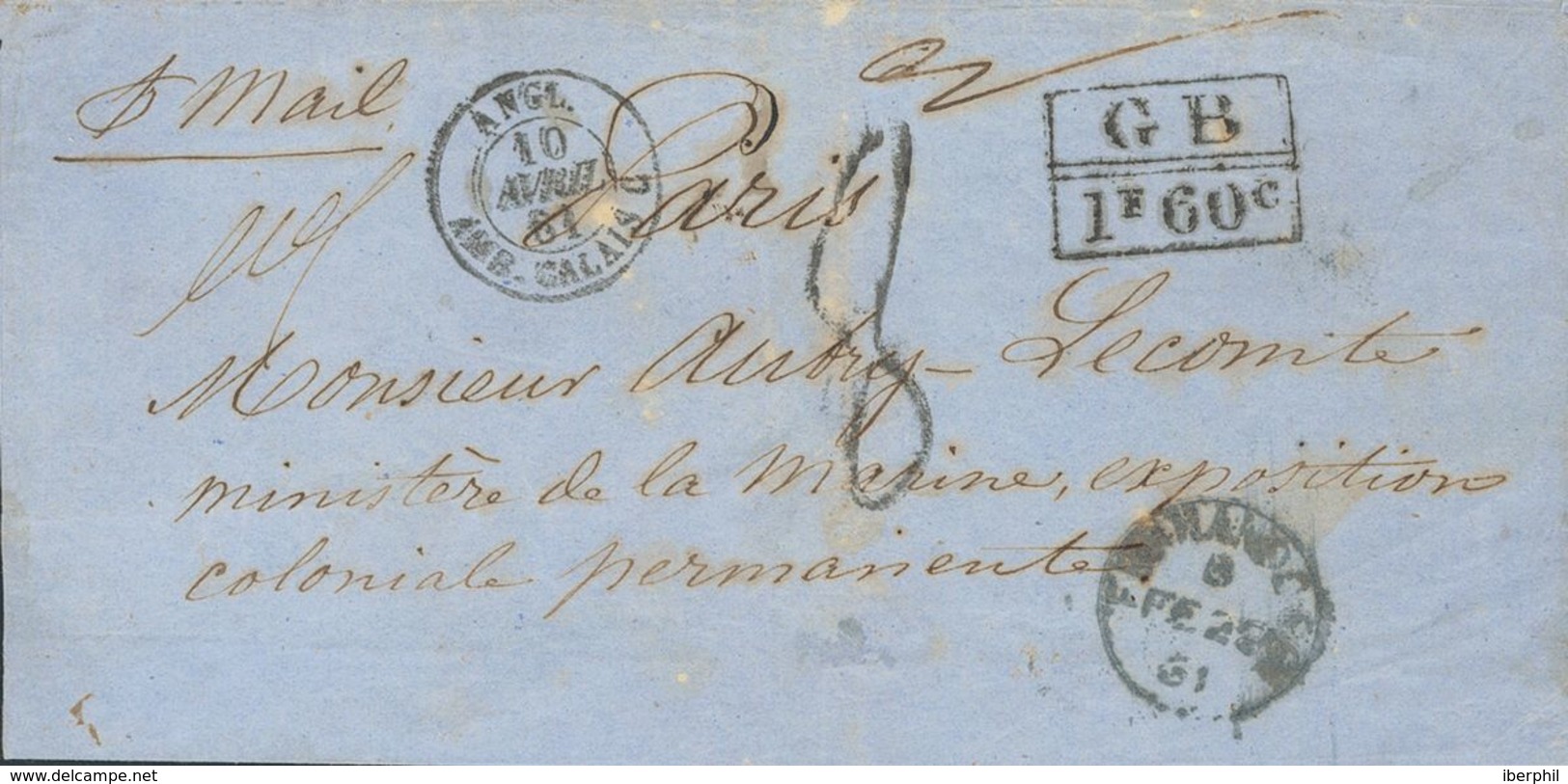 . COVER. 1861. FERNANDO POO To PARIS (FRANCE), Circulated Via London. Postmark FERNANDO POO, In Blue Of The British Post - Other & Unclassified