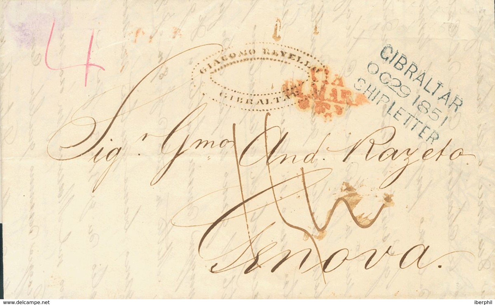 Gibraltar. COVER. 1851. GIBRALTAR To GENOVA (SARDINIA). Postmarks GIBRALTAR / SHIP LETTER, In Blue And VIA / DI MARE, In - Gibraltar