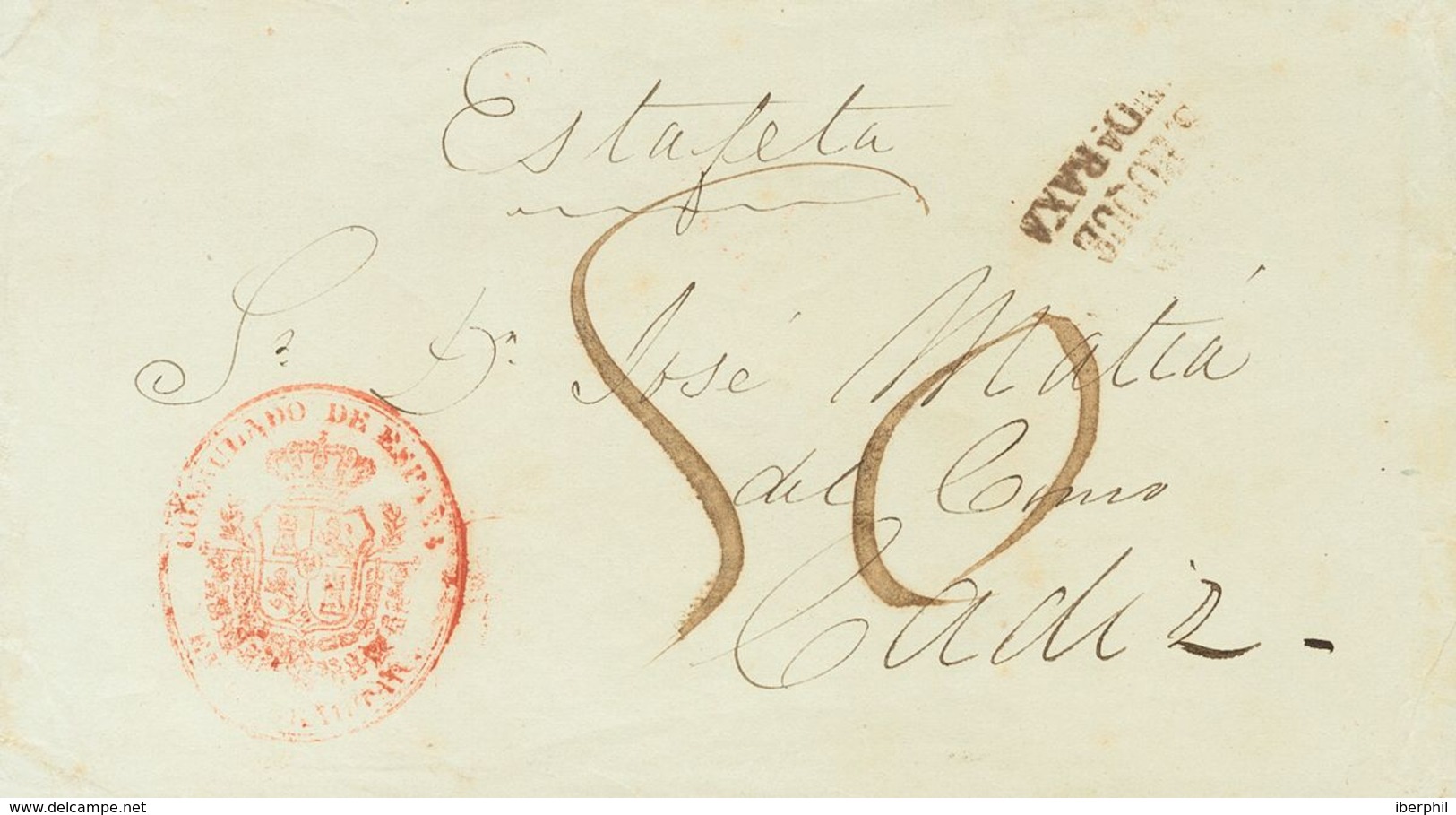 Gibraltar. COVER. 1852. GIBRALTAR To CADIZ. CONSULADO DE ESPAÑA  / EN GIBRALTAR Mark, In Red, Prefilatelic Postmark DE G - Gibraltar