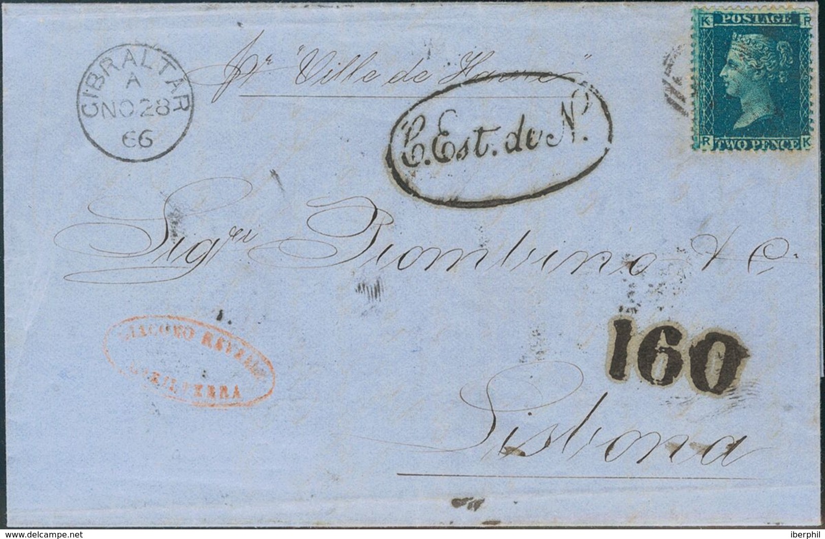 Gibraltar. COVER. 1866. 2 P Blue Of Great Britain. GIBRALTAR To LISBOA (PORTUGAL). Postmark "A26" And On The Front Small - Gibraltar