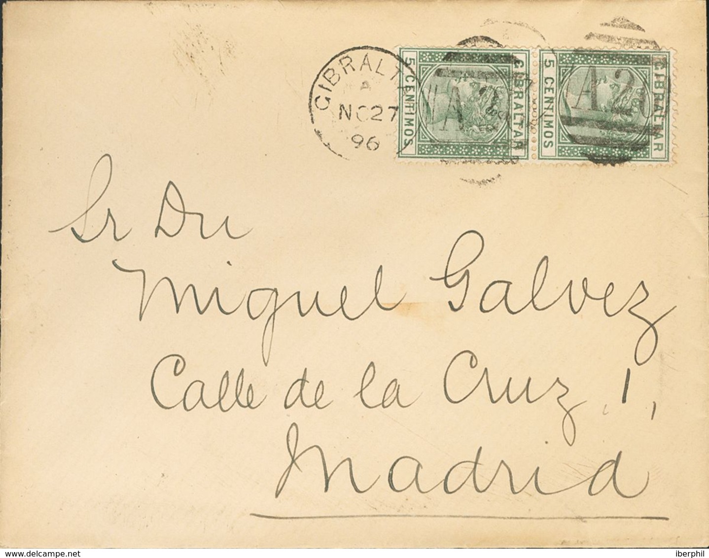 Gibraltar. COVERYv 22(2). 1896. 5 Cts Green, Two Stamps. GIBRALTAR To MADRID. Duplex Postmark GIBRALTAR / A42, On Revers - Gibraltar