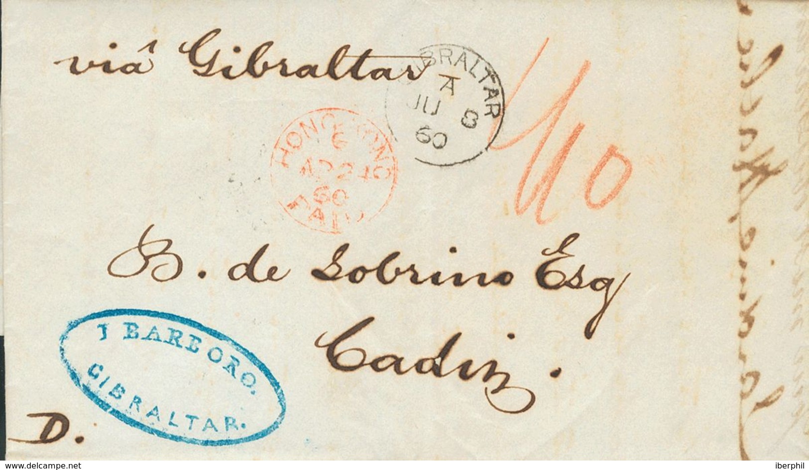 Hong Kong. COVERYv . 1860. HONG KONG To CADIZ, Forwarded In Gibraltar By "Jaime Barboro". Cds HONG-KONG / PAID, In Red,  - Autres & Non Classés