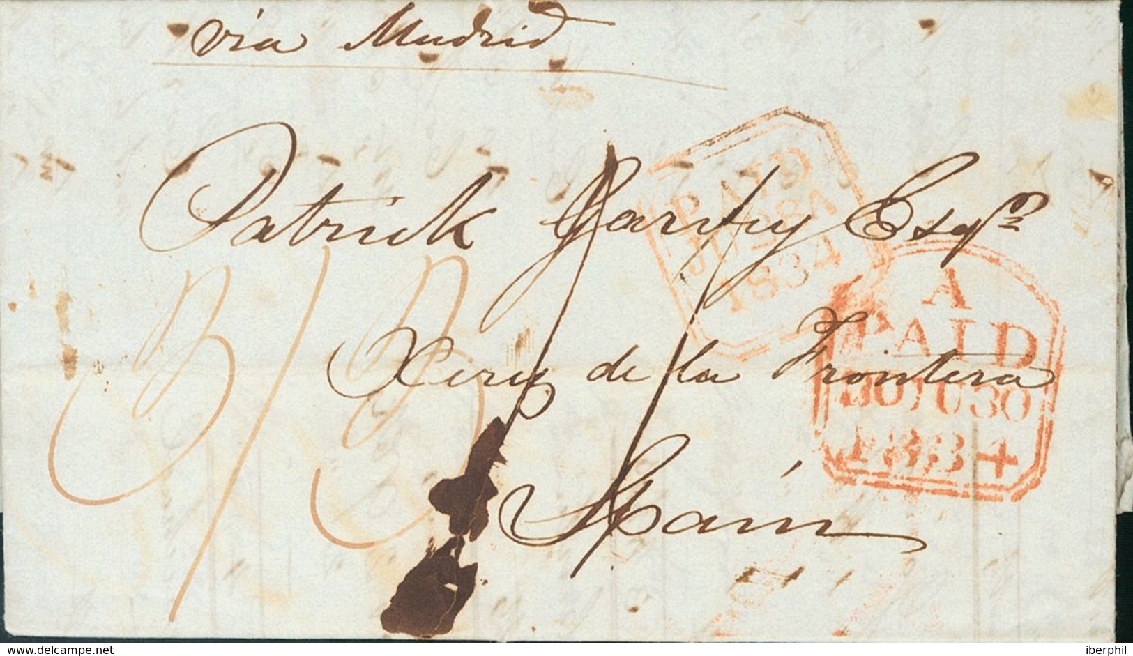 Ireland. COVER. 1834. DUBLIN To JEREZ DE LA FRONTERA, Addressed Via Madrid. PAID And A / PAID Postmarks, In Red And Hand - Autres & Non Classés