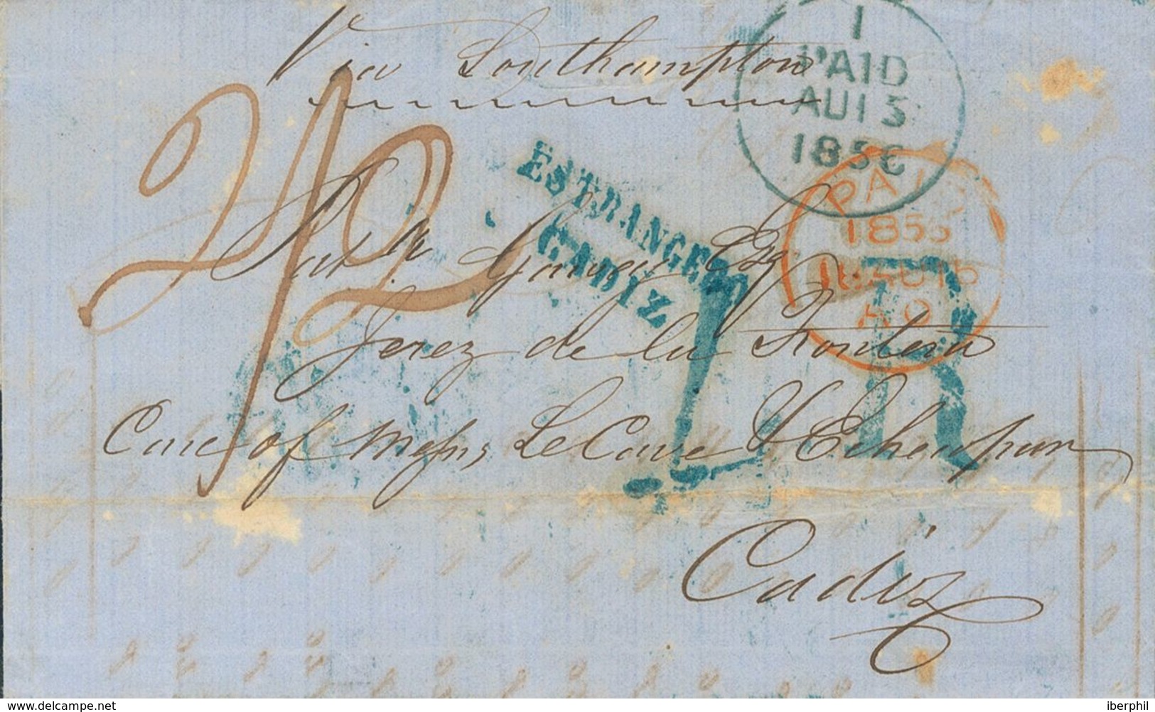 Ireland. COVER. 1856. DUBLIN To CADIZ. Postmarks PAID (Irish), In Blue And British In Red, Rates "2/2" Handwritten And " - Otros & Sin Clasificación