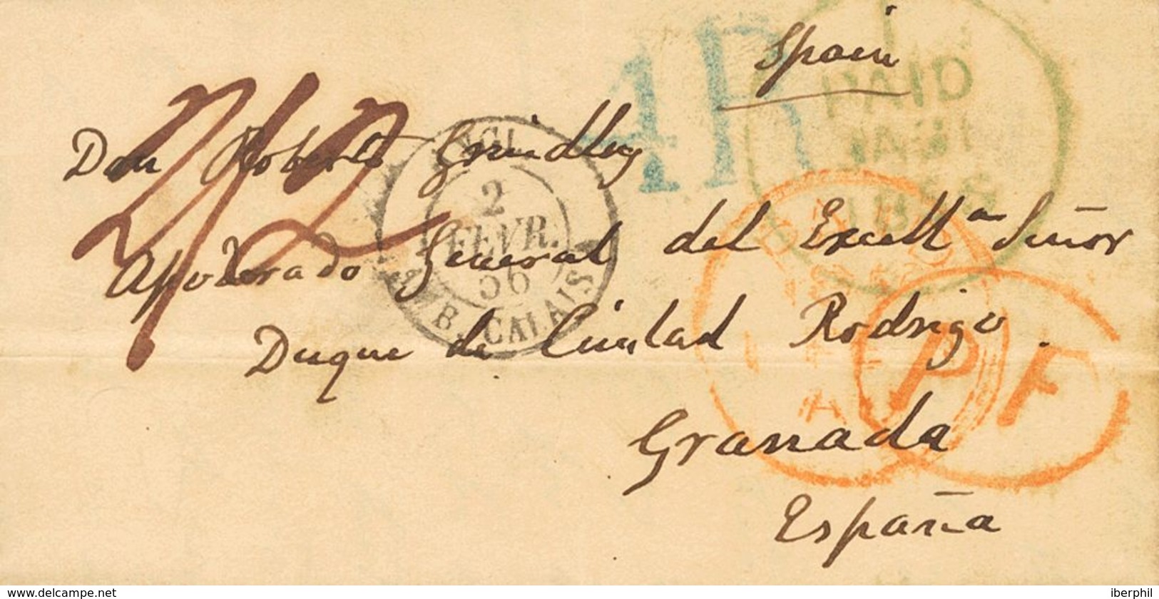 Ireland. COVER. 1856. DUBLIN To GRANADA. Cds I / PAID, In Blue Of Origin, PAID, In Red Applied In Transit, Rate "2/2" Ha - Other & Unclassified