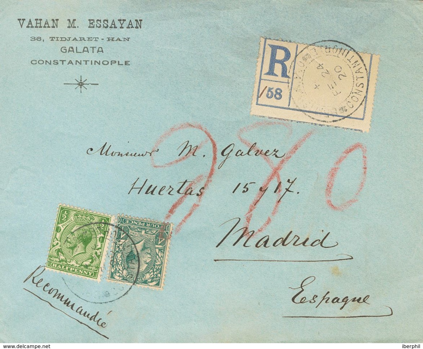 British Levant. COVERYv 139, 145. 1920. ½ P Green And 4 P Green Blue, Both From Great Britain. Registered From CONSTANTI - Otros & Sin Clasificación