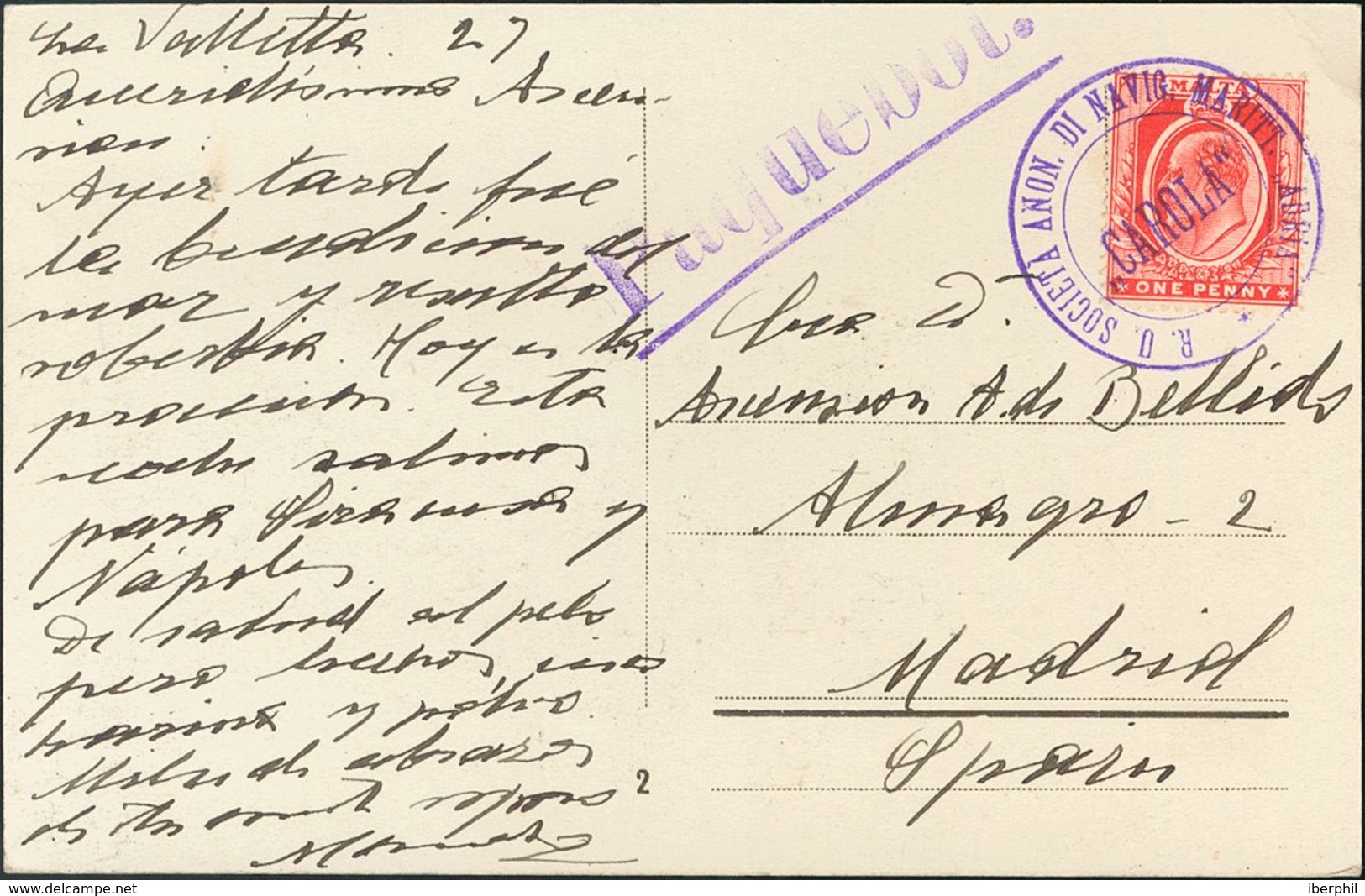 Malta. COVERYv 34. 1927. 1 P Red Postcard From LA VALETTA To MADRID. Postmark R.U. SOCIETA ANON. DI NAVIG. MARITT. "ADRI - Malte