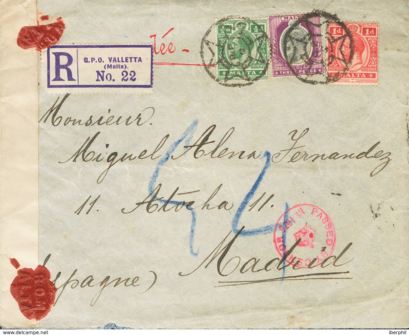 Malta. COVERYv 43, 44, 22. 1915. ½ P Green, 1 P Red And 3 P Lilac And Gray (Edward VII). Registered From LA VALETA To MA - Malte