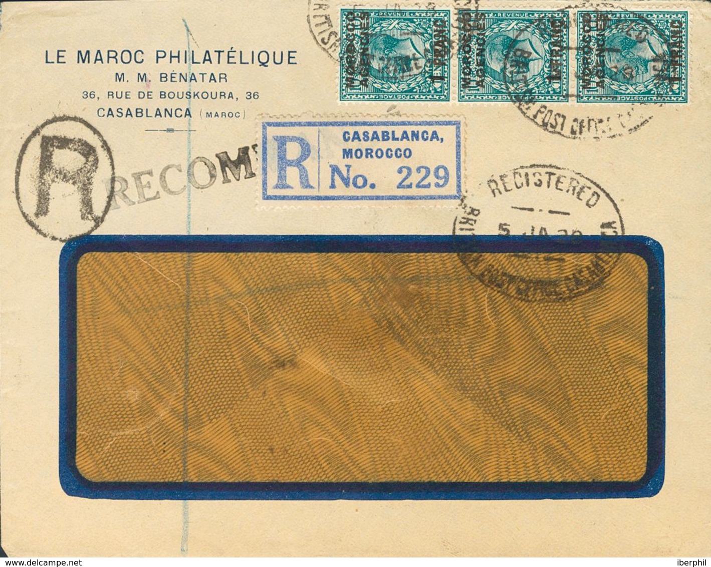 British Marocco. COVERYv 9(3). 1928. 1 F On 10 P Green Blue, Strip Of Three. Registered From CASABLANCA To MADRID. Postm - Otros & Sin Clasificación