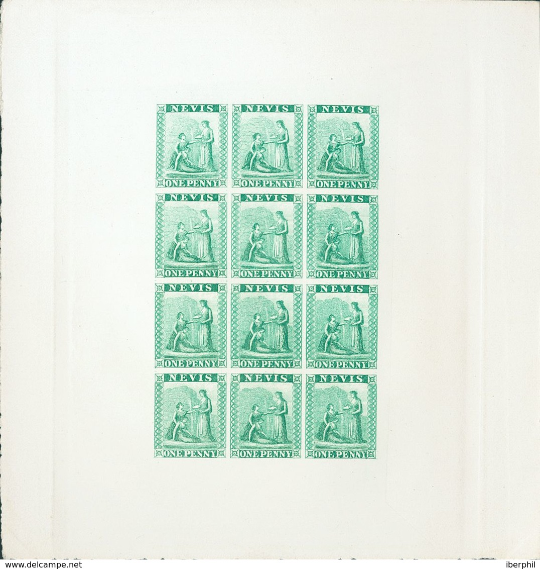 Nevis. (*)Yv 1(12). 1861. 1 P Green, Full Sheet Of Twelve Stamps. TRIAL COLOR PROOF And IMPERFORATED, On Thick Paper. VE - Sonstige & Ohne Zuordnung