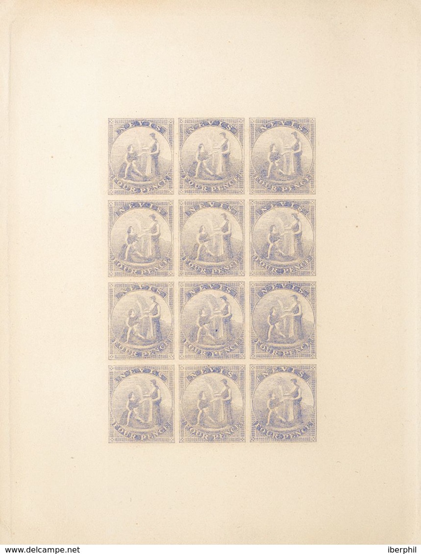 Nevis. (*)Yv 2(12). 1861. 4 P Blue Violet, Full Sheet Of Twelve Stamps. TRIAL COLOR PROOF And IMPERFORATED, On Thick Pap - Otros & Sin Clasificación