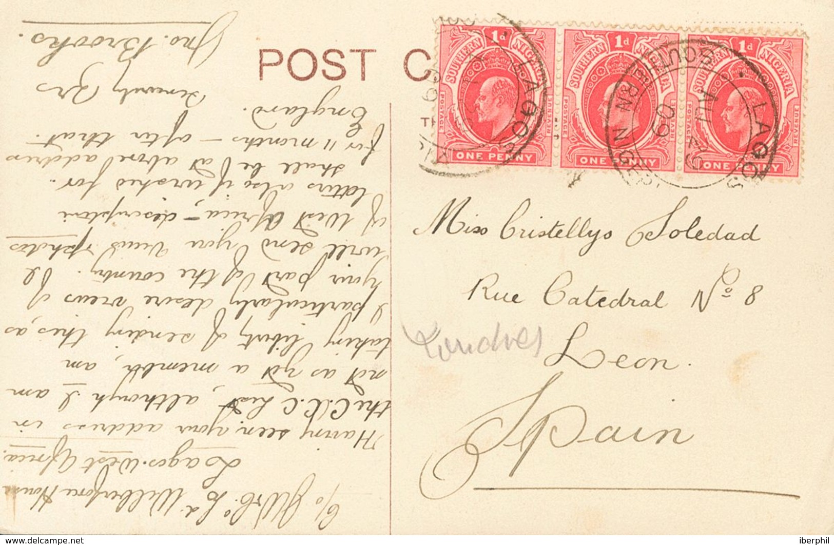 Southern Nigeria. COVERYv 33a(3). 1909. 1 P Pink (Type II), Three Stamps. Postcard From LAGOS To LEON. Postmark LAGOS /  - Otros & Sin Clasificación