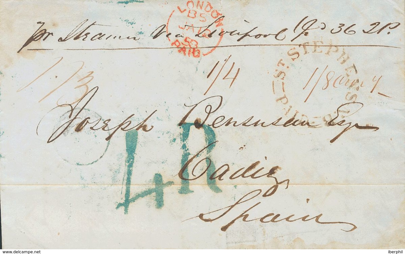 New Brunswick. COVER. 1857. CALAIS (NEW BRUNSWICK) To CADIZ. Postmark ST. STEPHENS N.B. / PAID, Transit LONDON / PAID, I - Other & Unclassified