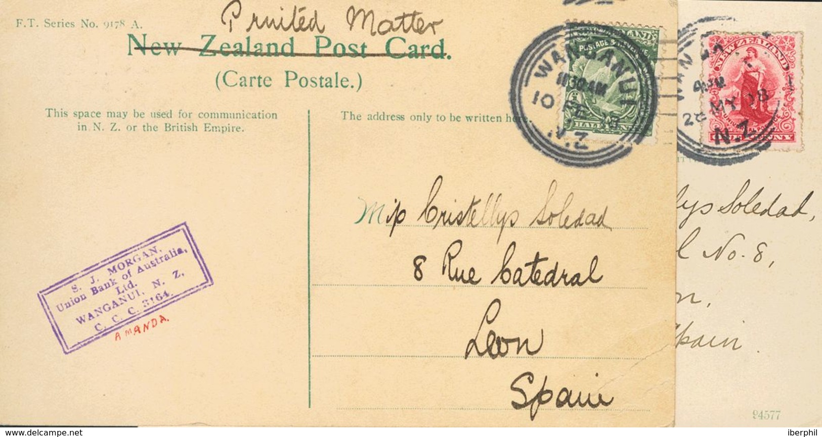 New Zealand. COVERYv 133/34. 1913. Two Postcards From WANGANUI To LEON (SPAIN) Franked With  ½ Cts Green And 1 Cts Red C - Otros & Sin Clasificación