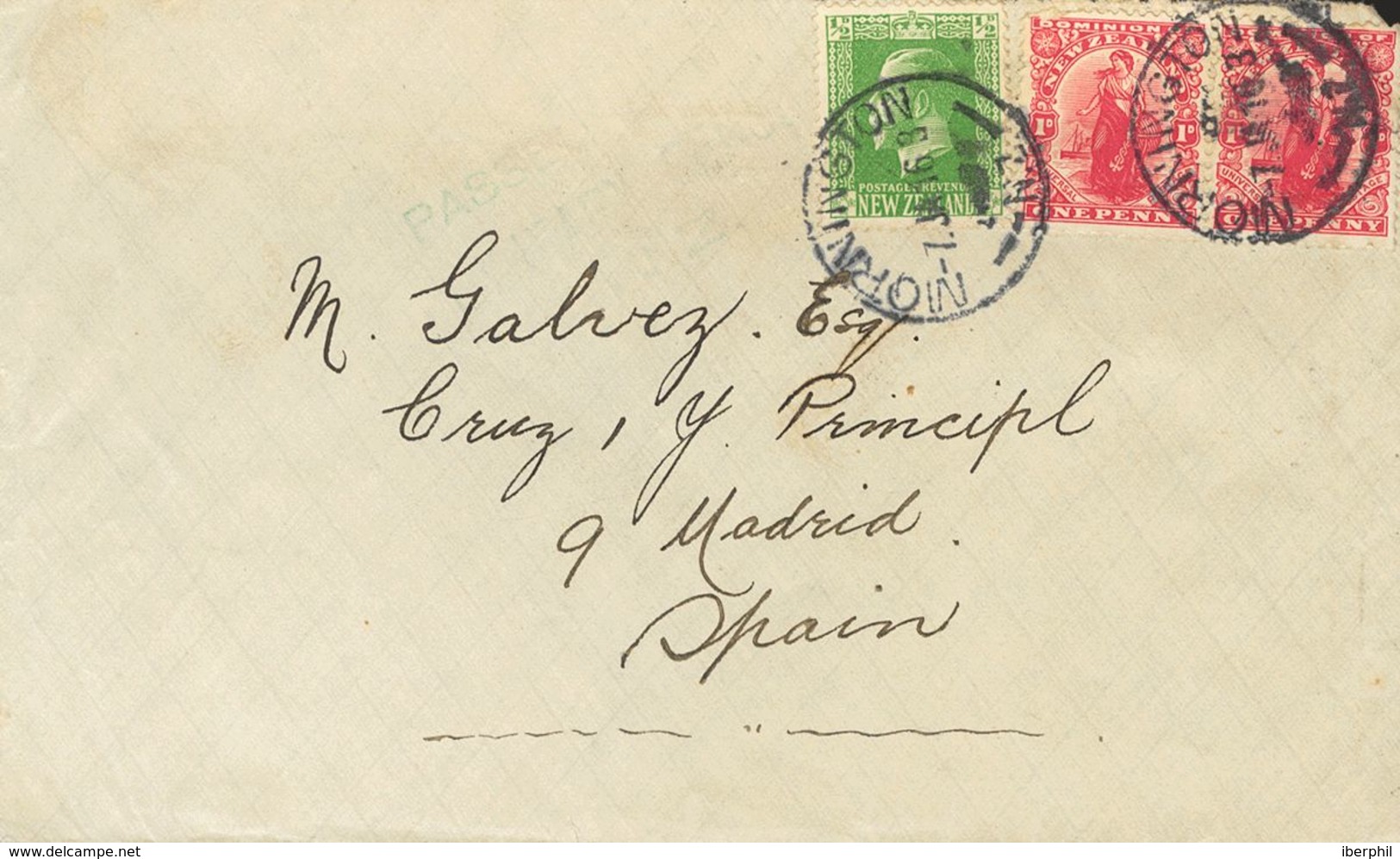 New Zealand. COVERYv 163, 136(2). 1916. ½ P Green Yellow And 1 P Carmine, Two Stamps. MORNINGTON To MADRID (addresed To  - Autres & Non Classés