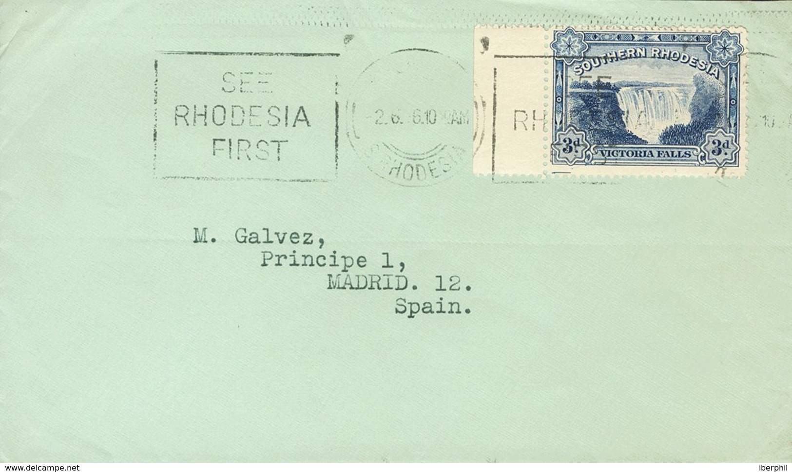 South Rhodesia. COVERYv 30. 1936. 3 P Blue. BULAWAYO To MADRID (addresed To Miguel Gálvez). On Reverse Arrival. VERY FIN - Rhodésie Du Sud (...-1964)