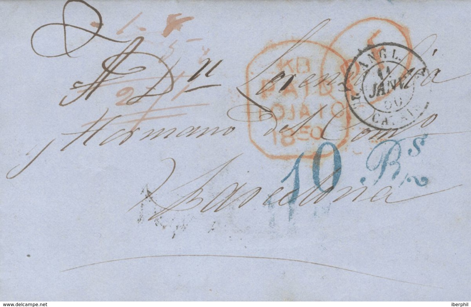 Trinidad And Tobago. COVER. 1849. TRINIDAD To BARCELONA, Addressed Via England And France. Rate "10 Rs" (real), In Blue  - Trinité & Tobago (...-1961)