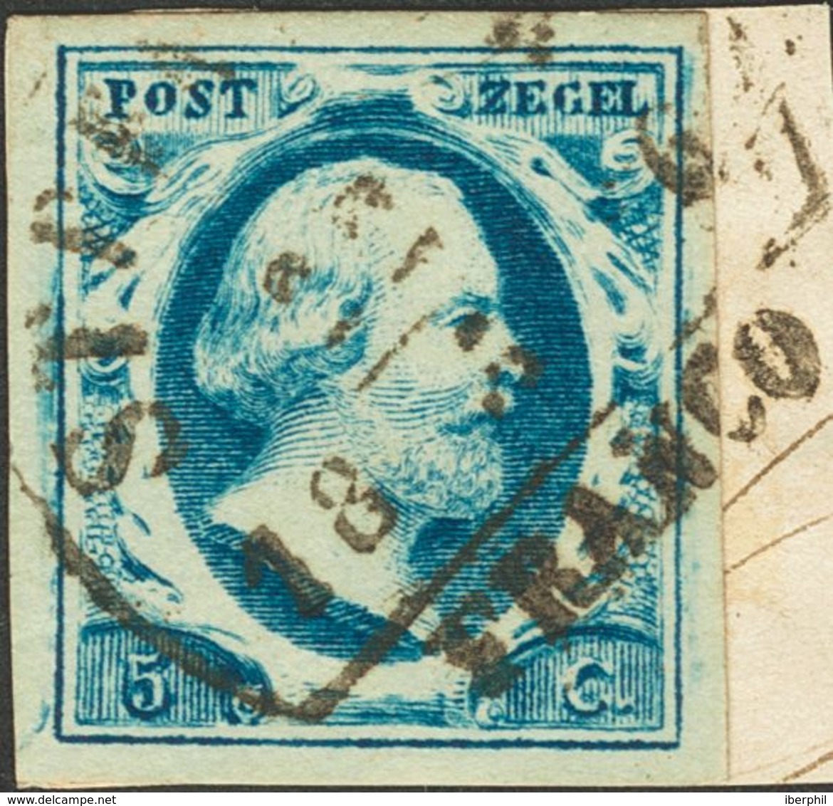 Holanda. FragmentoYv 1. 1852. 5 Cent Blue (Plate III), On Fragment. STEENWYK Datestamp Type B (Ey 100). VERY FINE. (NVPH - ...-1852 Prephilately