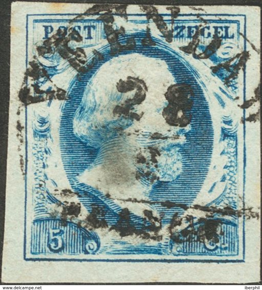 Holanda. ºYv 1. 1852. 5 Cent Blue (thin Spot In Watermark). VEENDAM Datestamp Type A (Ey 250). VERY FINE. (NVPH1). -- Ne - ...-1852 Préphilatélie
