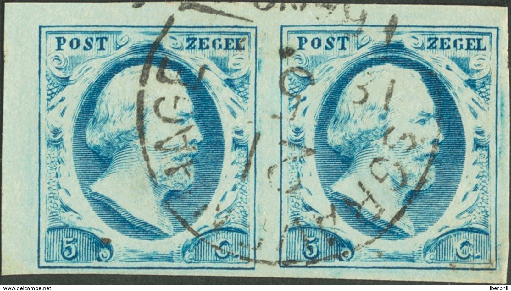 Holanda. ºYv 1c. 1852. 5 Cent Steel Blue (Plate II, Position 76-77), Margin Sheet Pair. GRAVENHAGE Small Datestamp Type  - ...-1852 Vorläufer