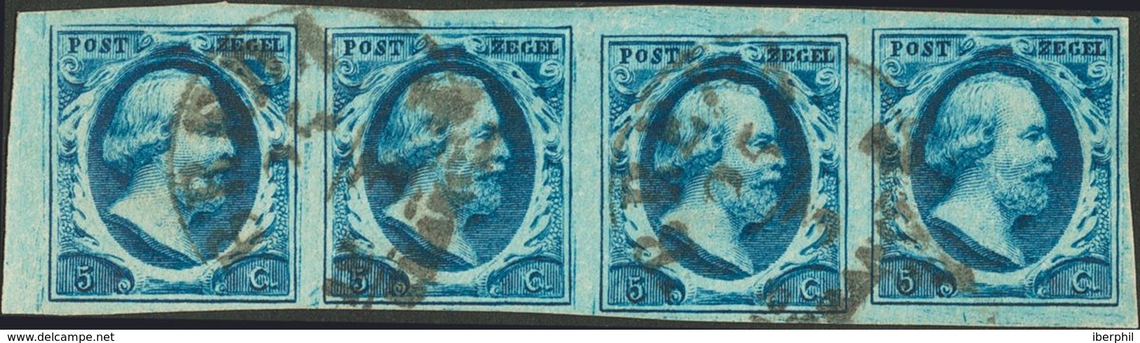 Holanda. ºYv 1(4). 1852. 5 Cent Dark Blue (Plate III, Position 31-34), Strip Of Four. Cancelled BREDA Datestamp. VERY FI - ...-1852 Préphilatélie