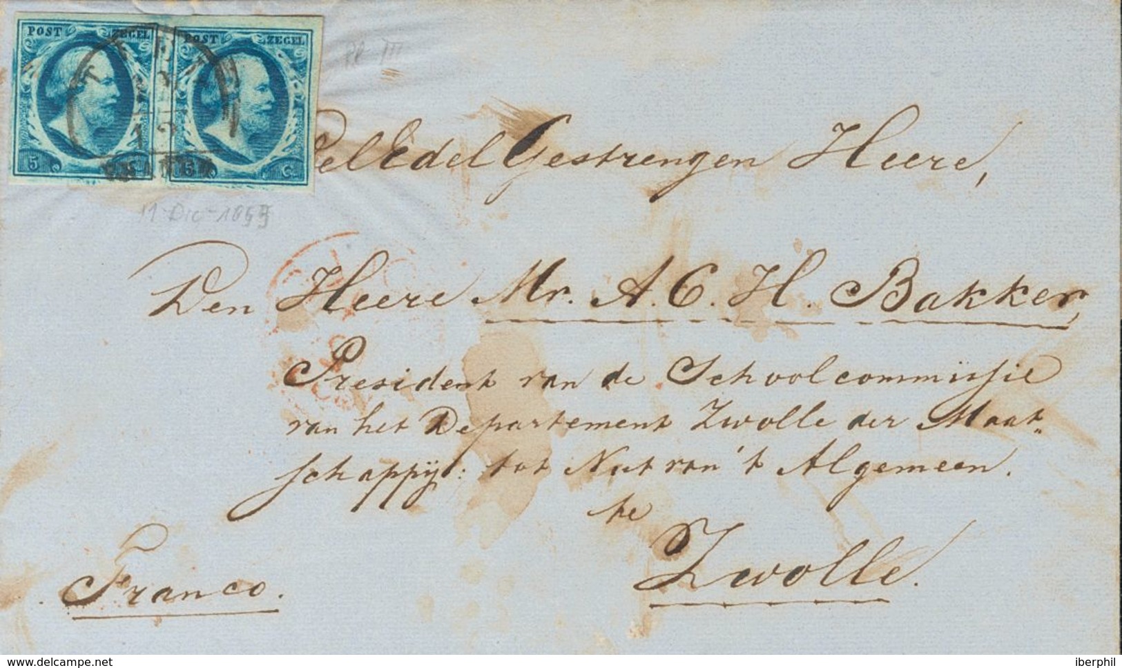 Holanda. SOBREYv 1(2). 1855. 5 Cent Dark Blue (Plate III), Pair. BUURMALSEN To ZWOLLE. Cancelled TIEL Datestamp Type A ( - ...-1852 Prephilately