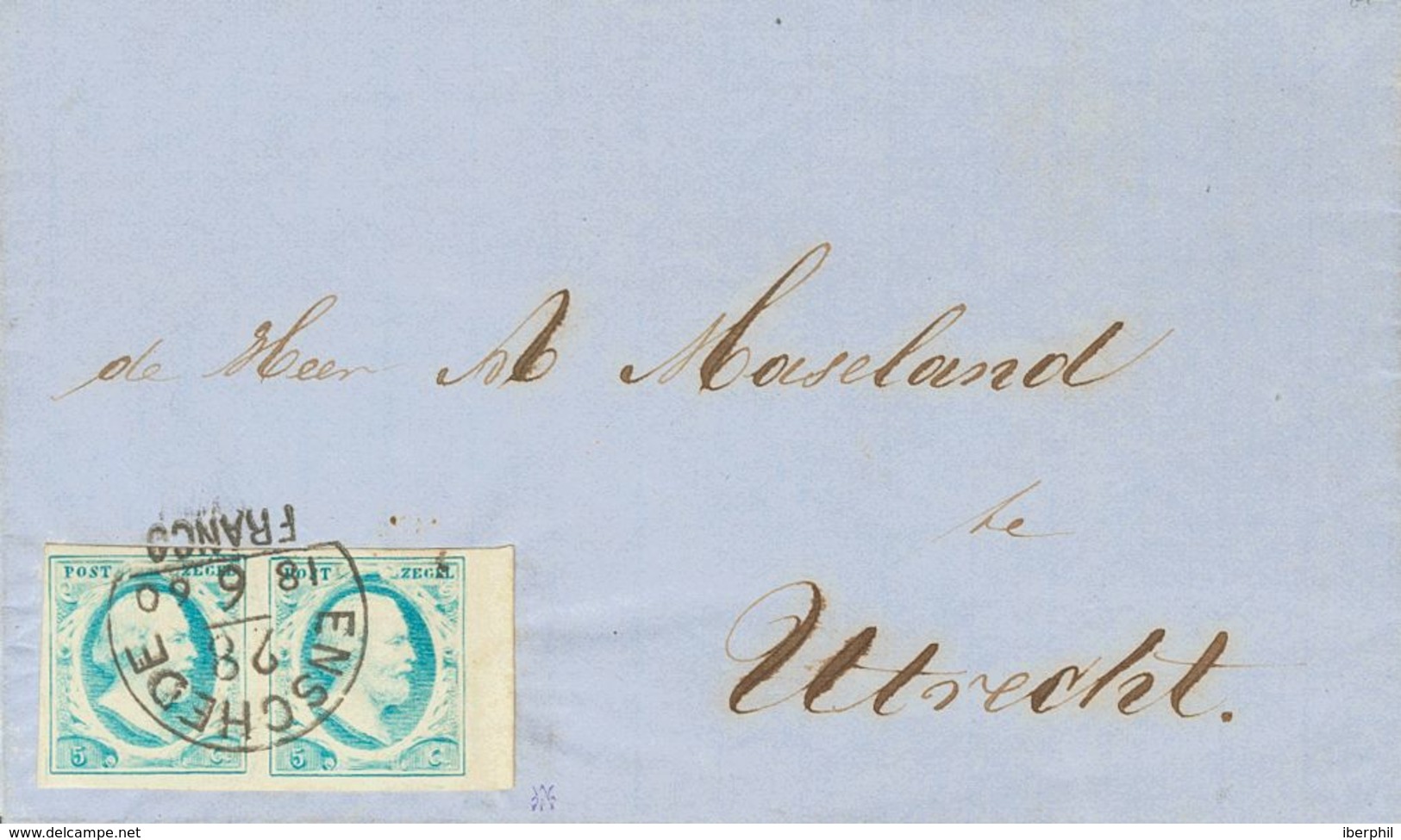 Holanda. SOBREYv 1a. 1860. 5 Cent Light Blue (Plate IV), Margin Sheet Pair. ENSCHEDE To UTRECH. Cancelled With ENSCHEDE  - ...-1852 Precursores