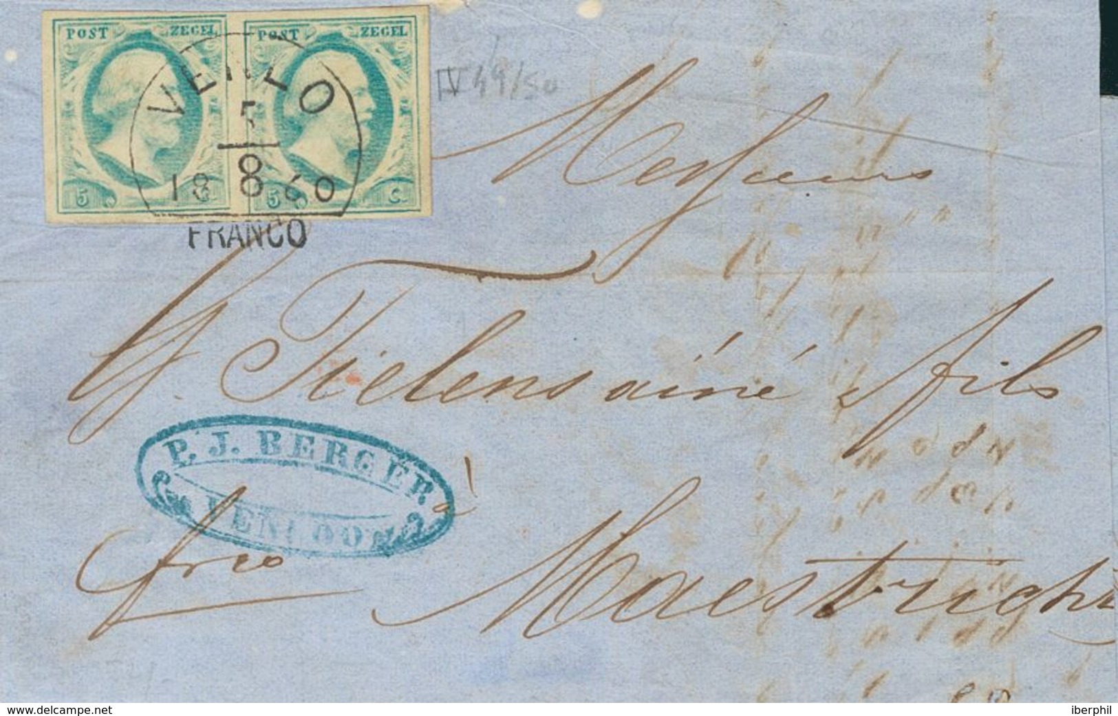 Holanda. SOBREYv 1b(2). 1860. 5 Cent Milky Blue (Plate IV Position 49-50), Pair. VENLO To MAASTRICHT. Cancelled With VEN - ...-1852 Precursores