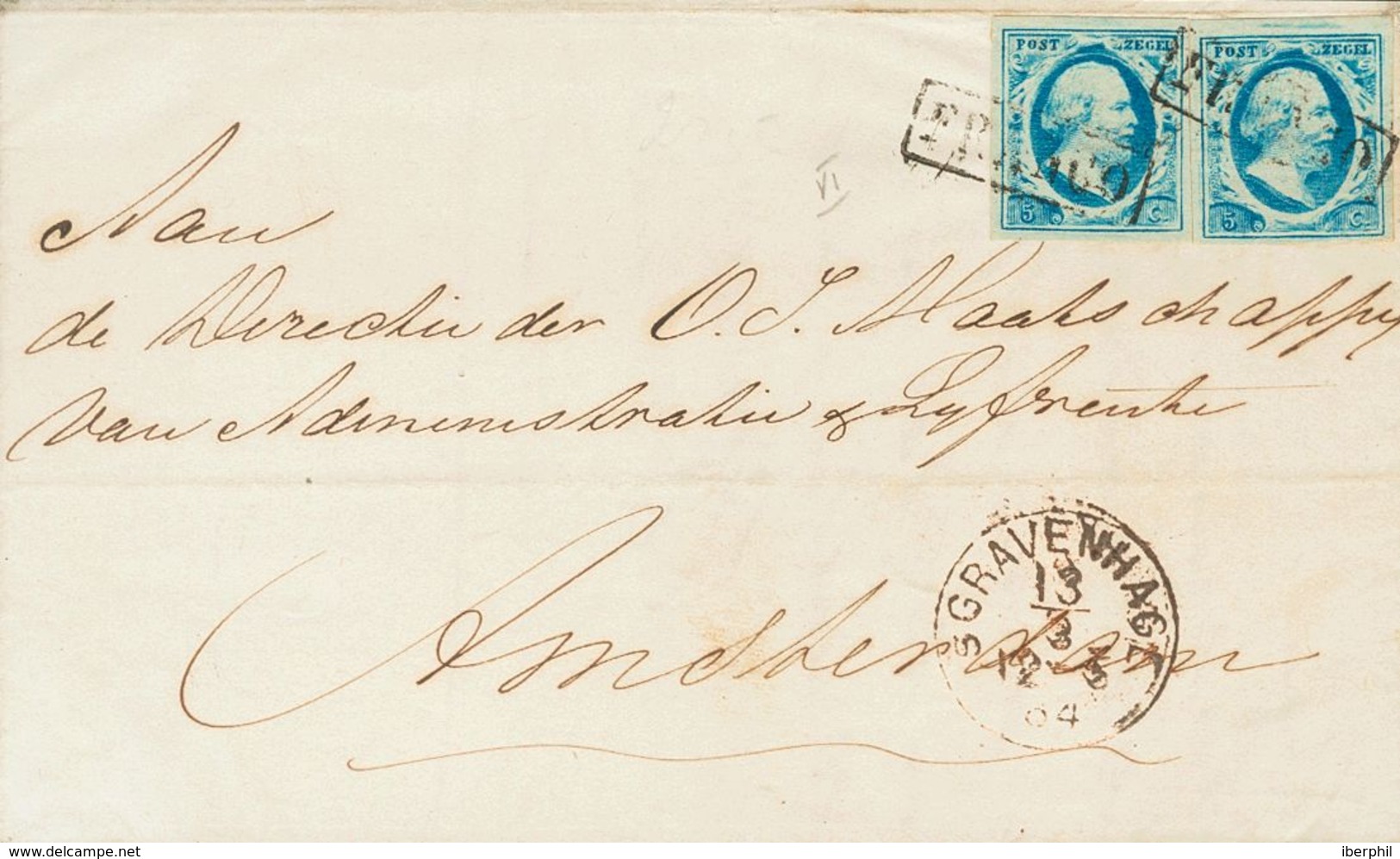 Holanda. SOBREYv 1(2). 1864. 5 Cent Blue (Plate VI) On Thin Paper, Two Stamps. THE HAGUE To AMSTERDAM. Cancelled By Fram - ...-1852 Prephilately