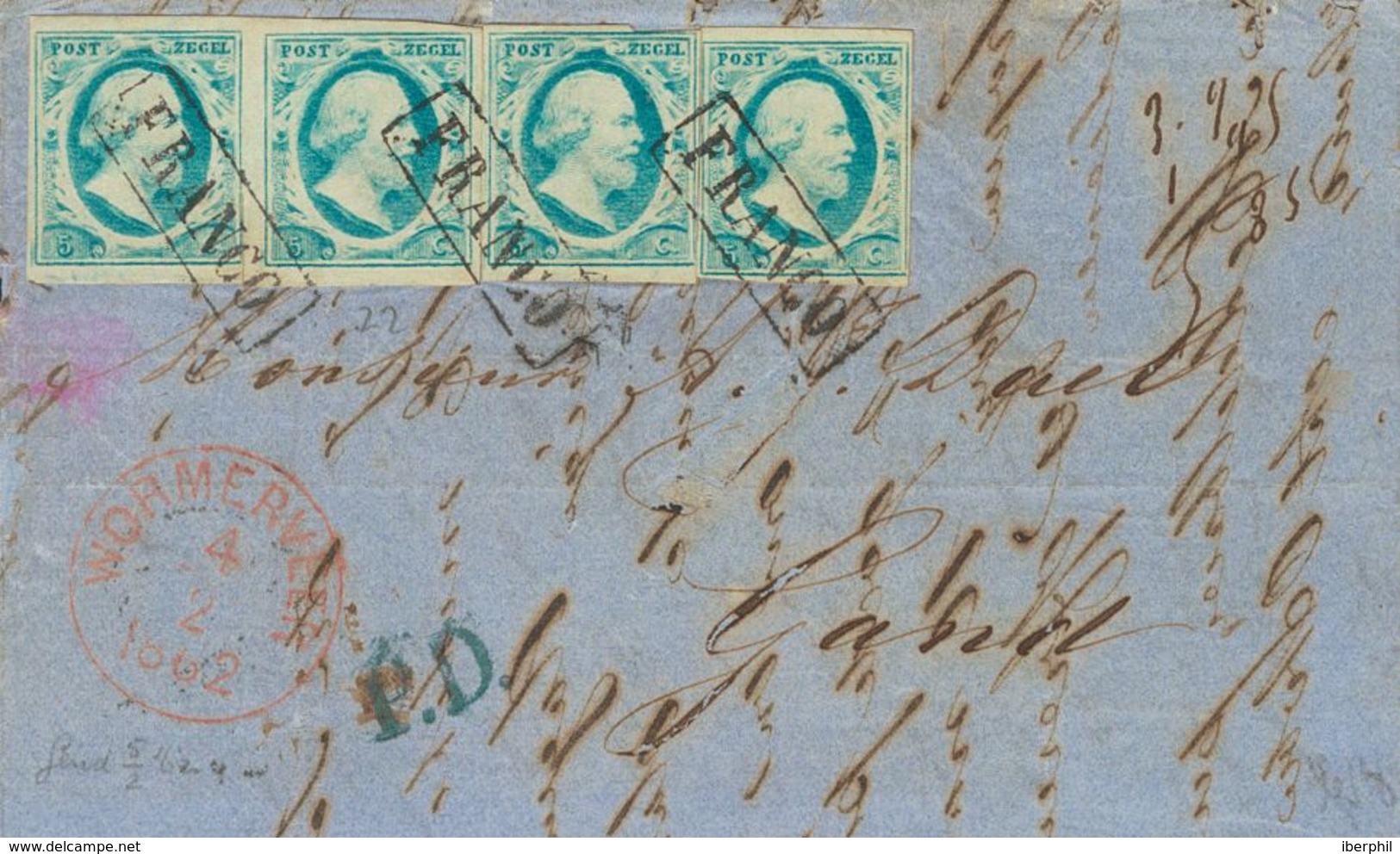 Holanda. SOBREYv 1(4). 1862. 5 Cent Blue (Plate V), Pair And Two Stamps (one Stamp Short Margin). WORMERVEER To GHENT (B - ...-1852 Préphilatélie