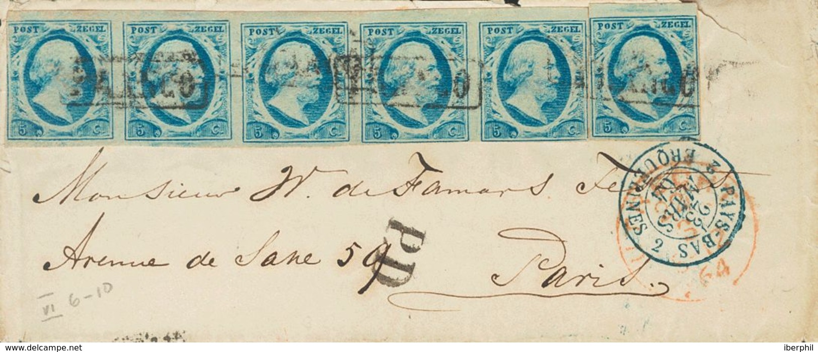 Holanda. SOBREYv 1. 1864. 5 Cent Blue (Plate VI, Position 6-10) On Thin Paper, One Stamp And Strip Of Five (all Complete - ...-1852 Prephilately