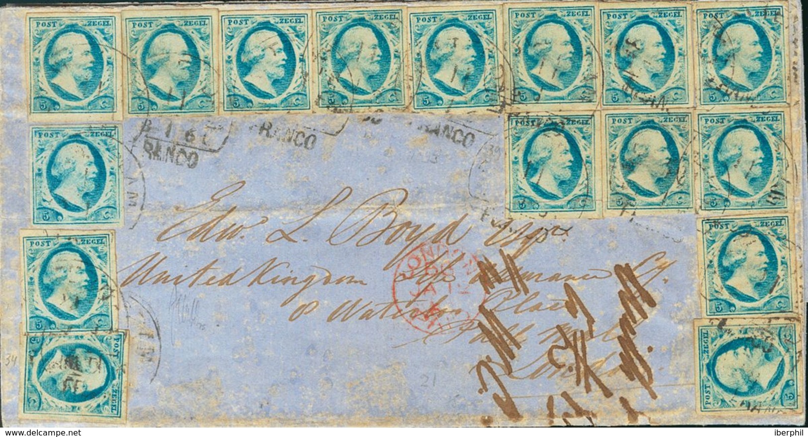 Holanda. SOBREYv 1(16). 1860. 5 Cent Blue (Plate IV), Fifteen Stamps (four With File Fold) And 5 Cent Blue (Plate VI) On - ...-1852 Precursores