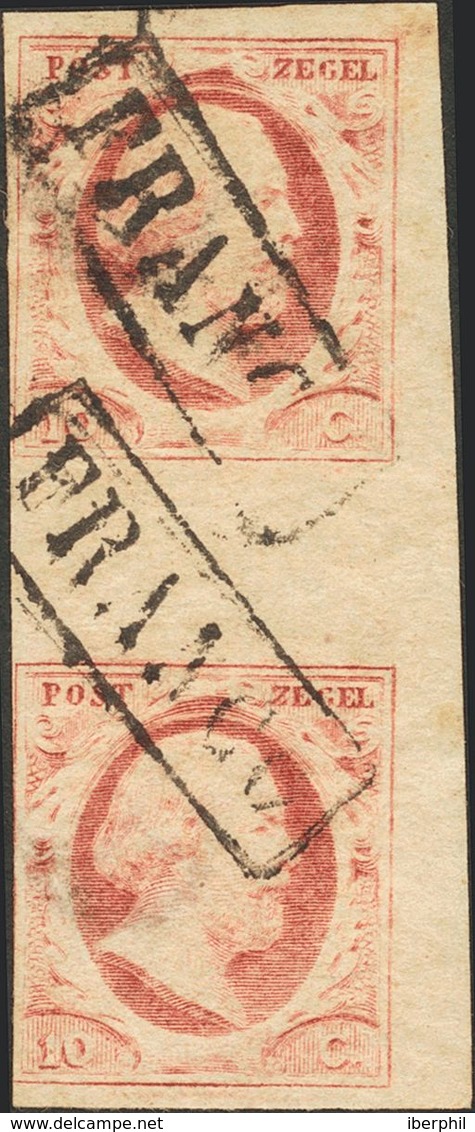 Holanda. ºYv 2(2). 1852. 10 Cent Red (Plate X, Position 50, 80) On Thin Paper, Vertical Gutter Pair (little Lower Margin - ...-1852 Préphilatélie