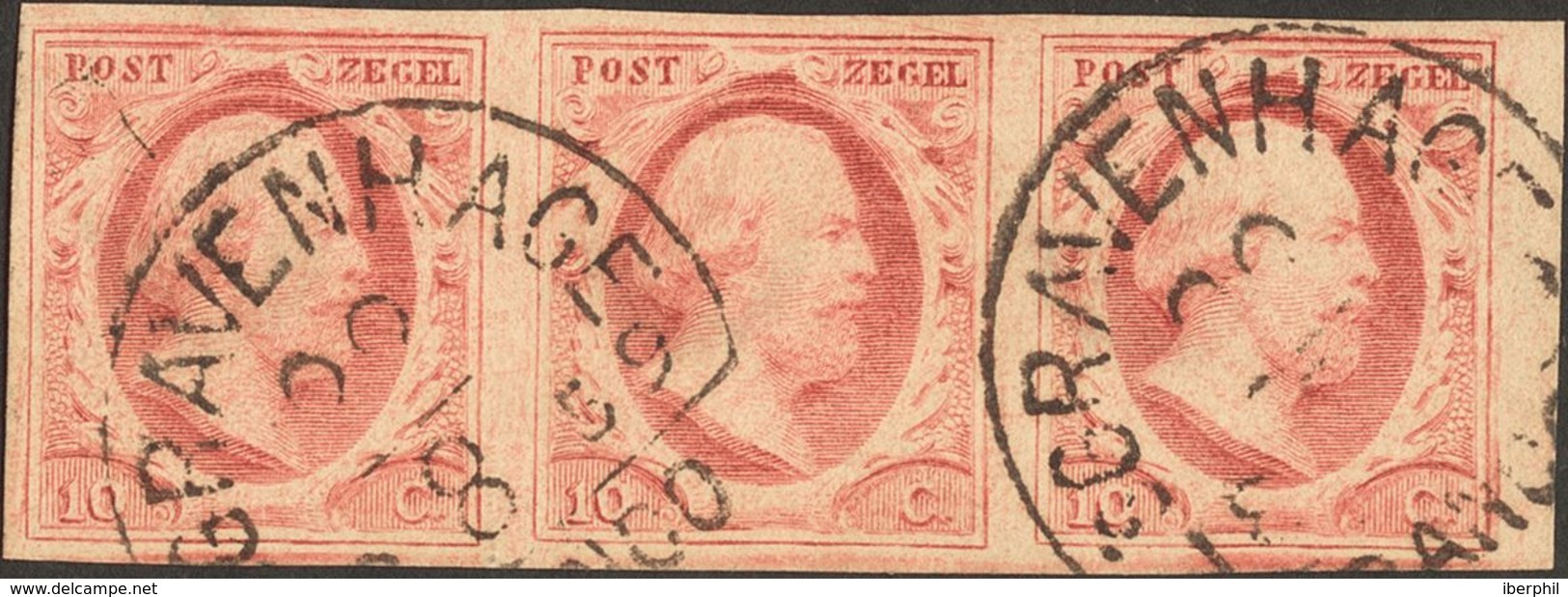 Holanda. ºYv 2(3). 1852. 10 Cent Red (Plate V, Position 93-95), Strip Of Three. Lightly Cancelled By Neat GRAVENHAGE Dat - ...-1852 Prephilately